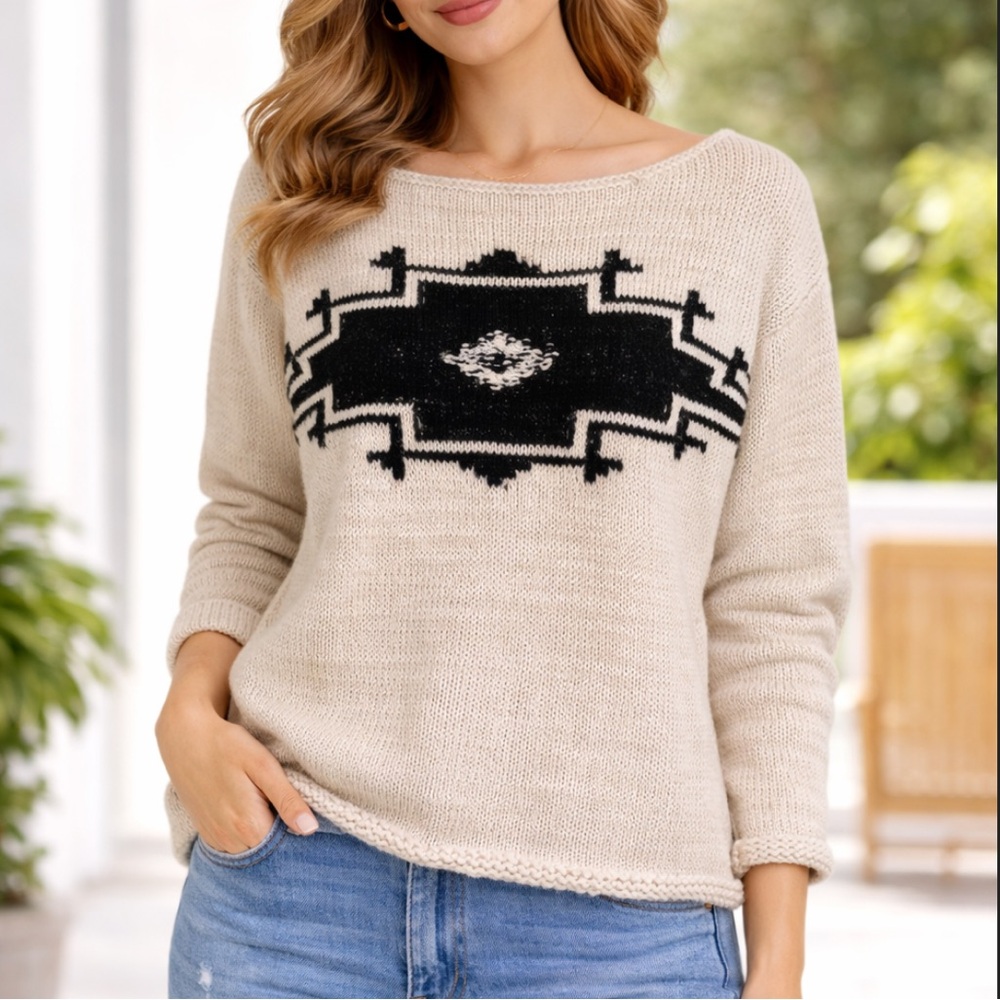 Ralph Lauren Ivory Southwest Knit Sweater S| Western Boho Heritage Cotton